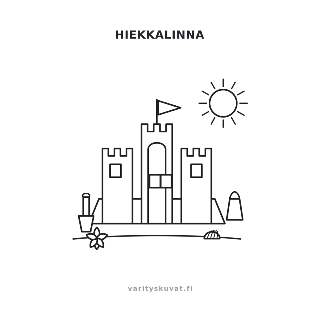 Hiekkalinna ja rantatarvikkeet värityskuva