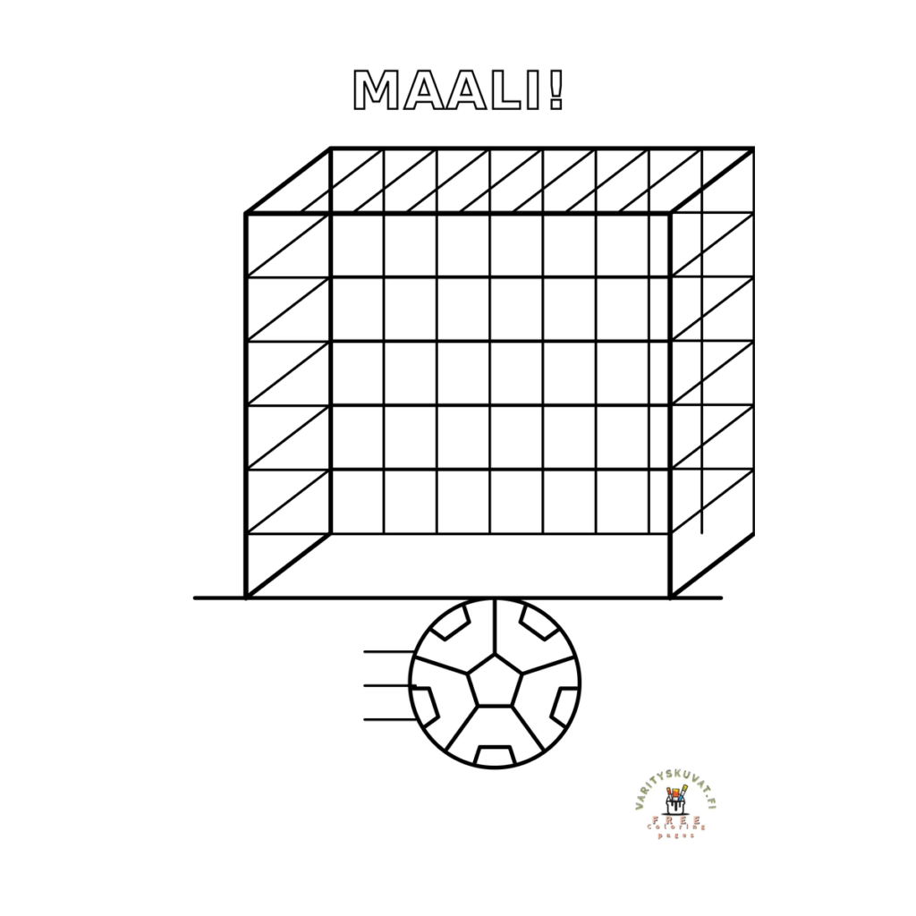 Jalkapallomaali ja pallo värityskuva tekstillä