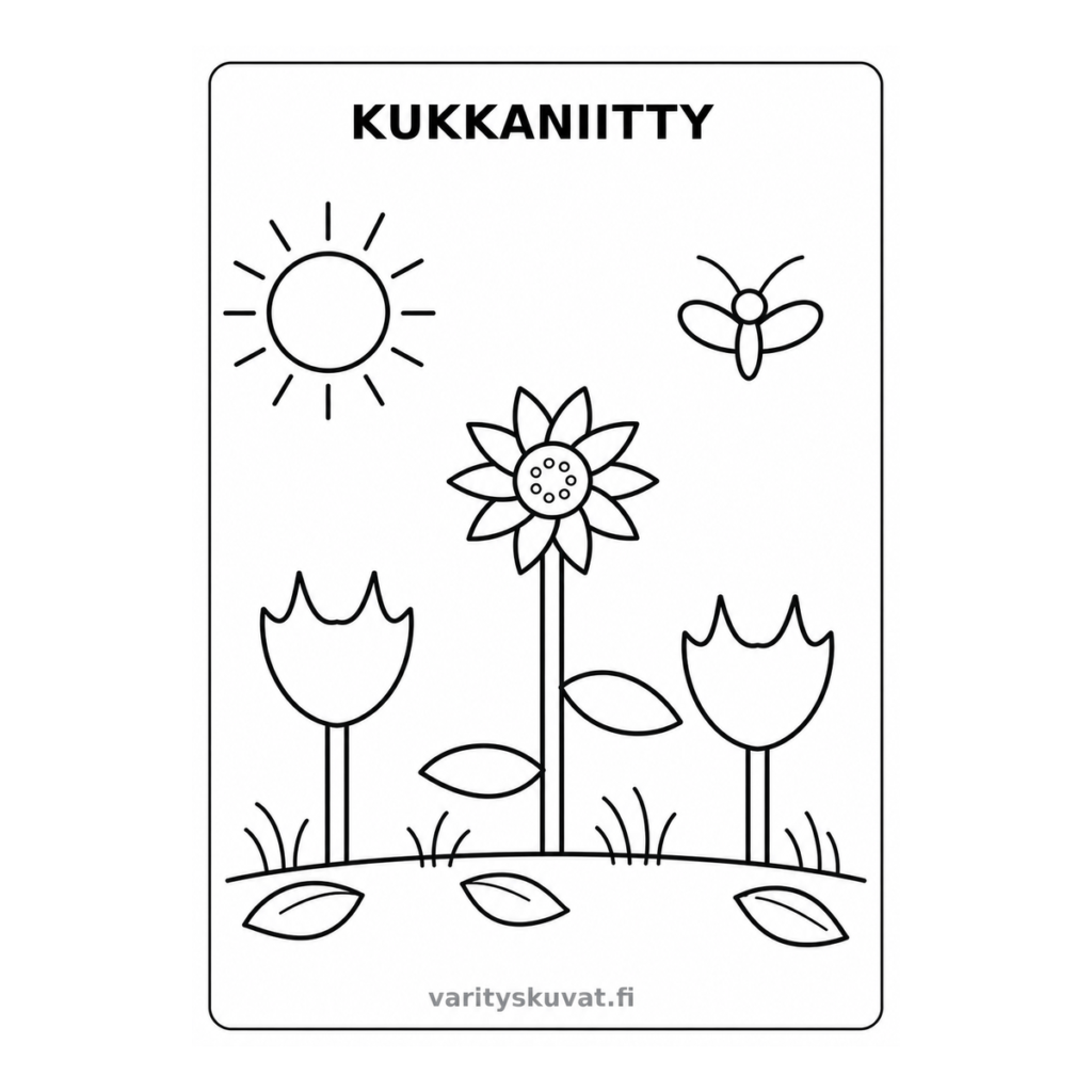 Kukkaniitty, aurinko ja perhonen värityskuva
