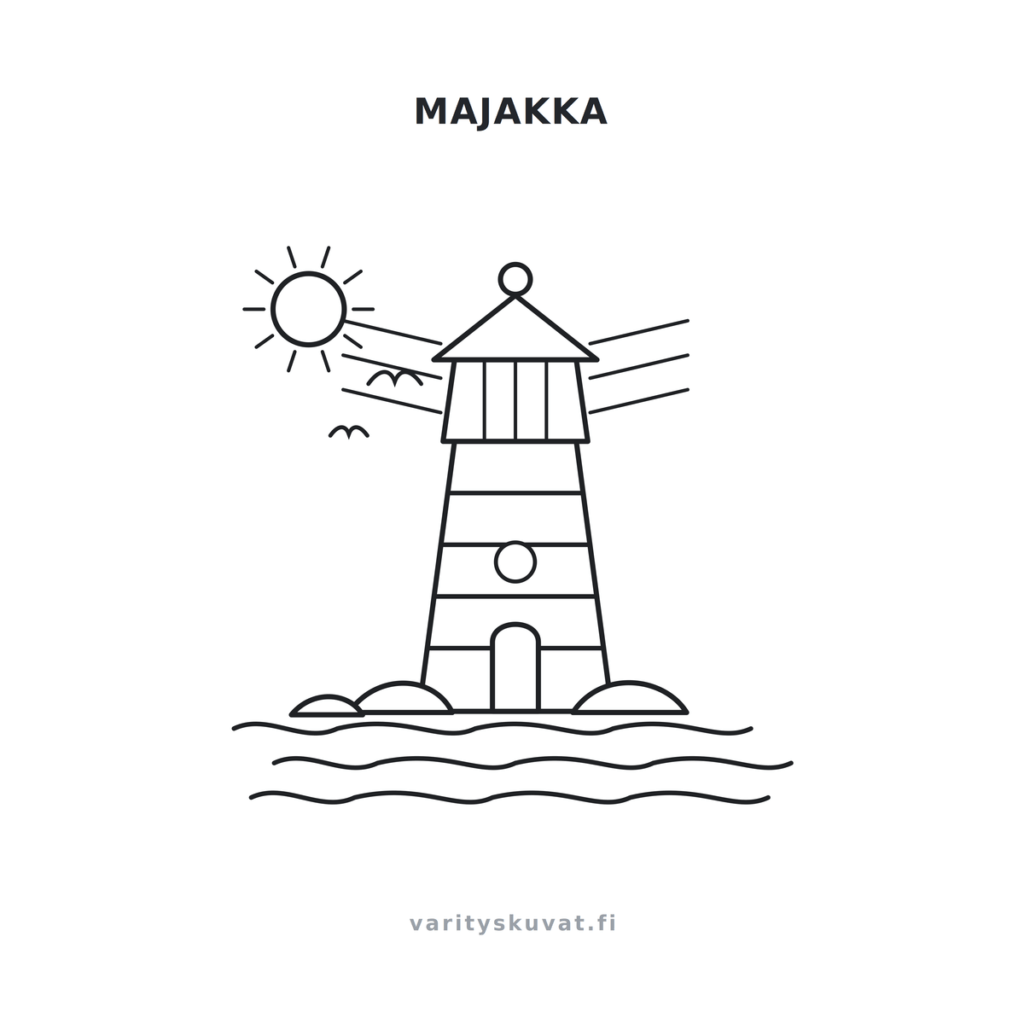 Majakka, aurinko ja meri värityskuva
