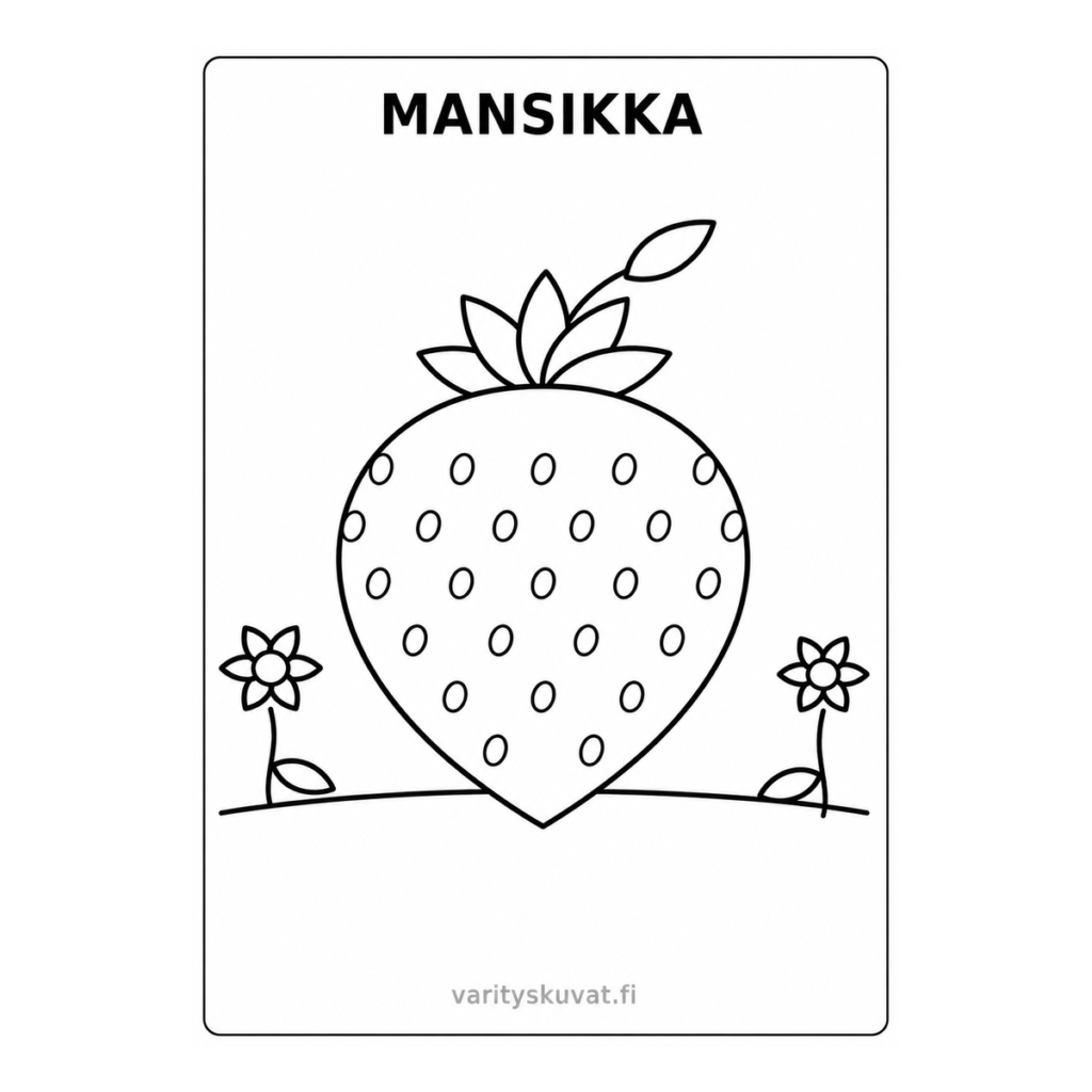 Mansikka ja kukkia värityskuva tulostettavaksi