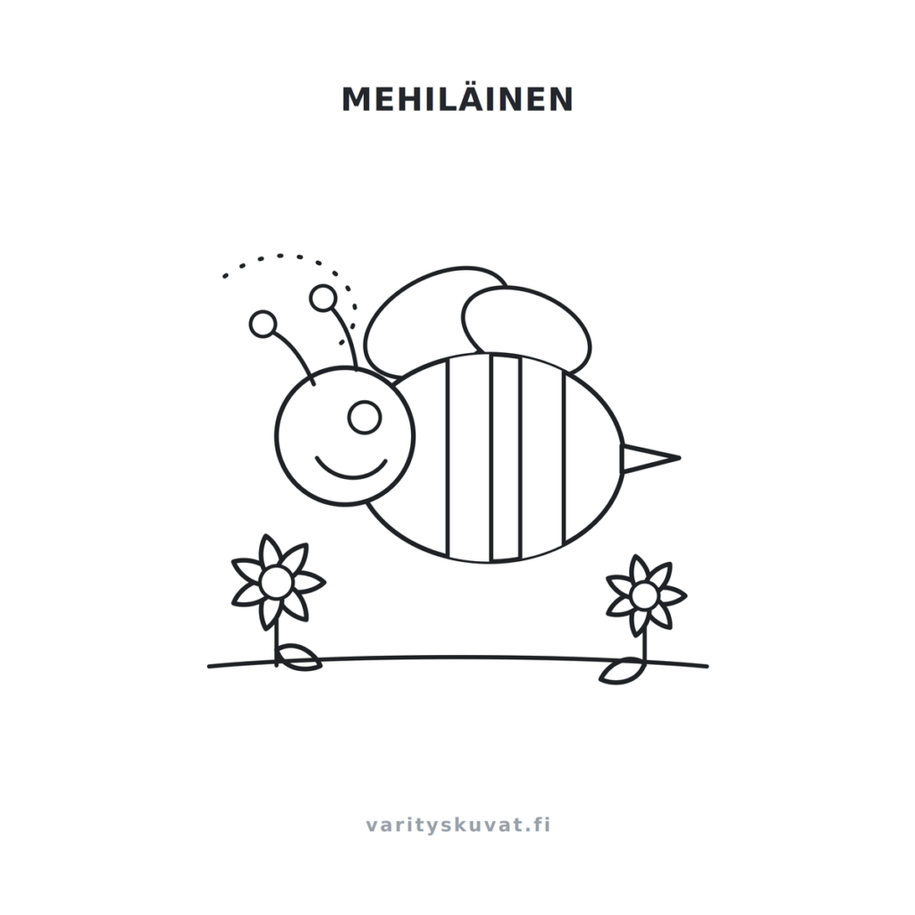 Hymyilevä mehiläinen ja kukkia värityskuva