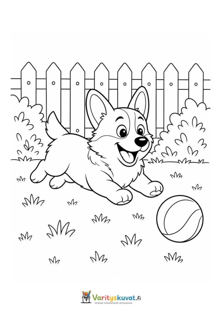 Corgi juoksemassa pallon perässä värityskuva
