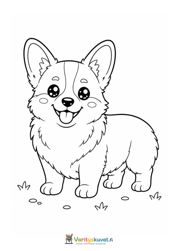 Kawaii-tyylinen corgi värityskuva