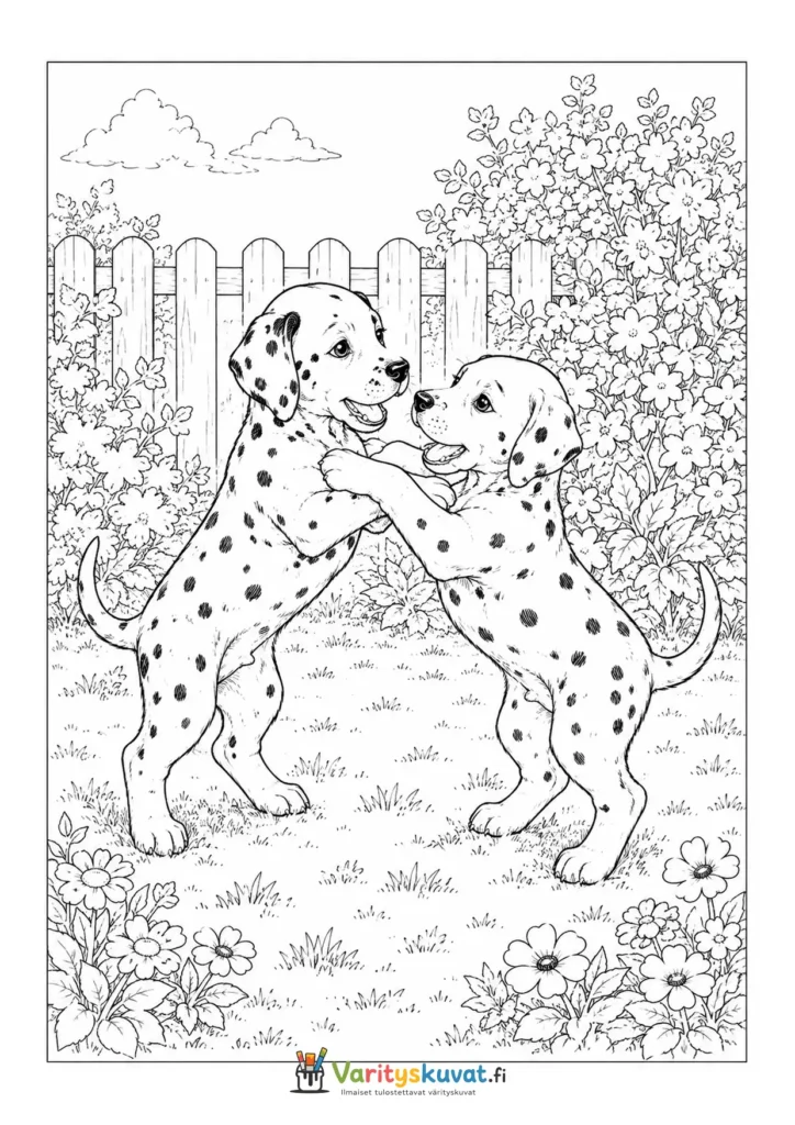 Dalmatialaispennut leikkimässä yhdessä värityskuva