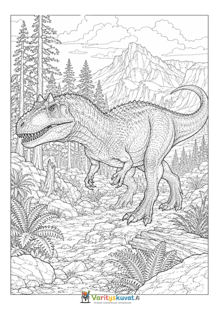 Suuri petodinosaurus kävelemässä metsäisessä vuoristomaisemassa