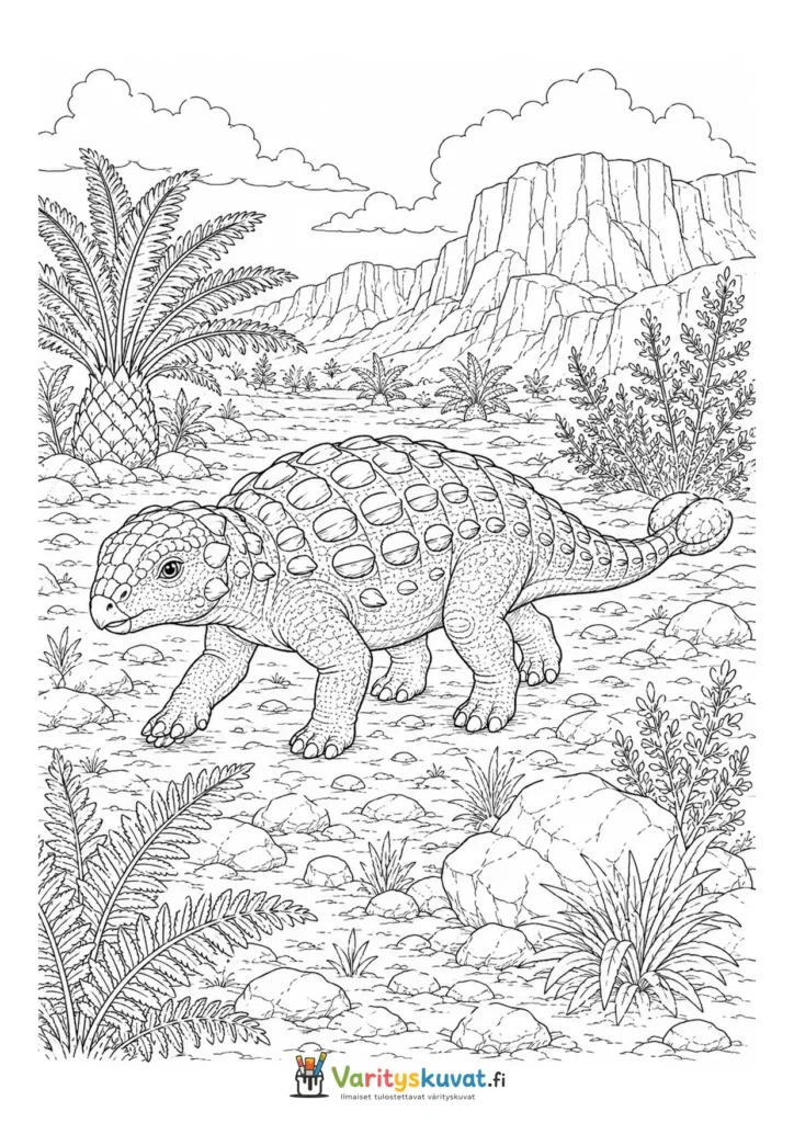 Ankylosaurus kävelemässä kivikkoisessa esihistoriallisessa maisemassa