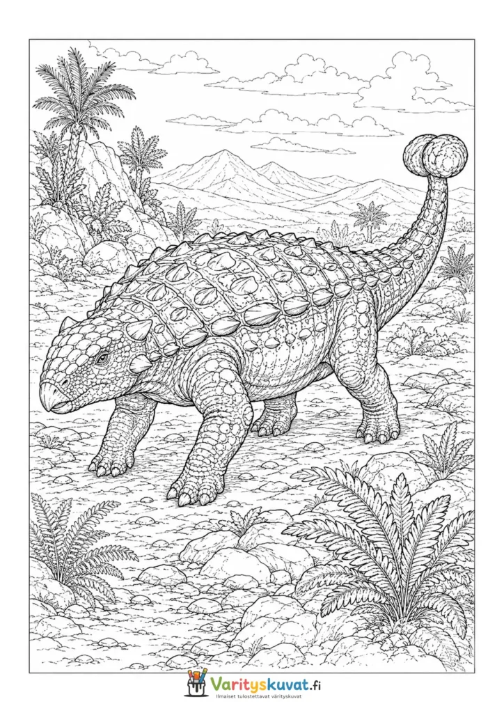 Panssaroitu ankylosaurus kävelemässä nuijamainen häntä koholla