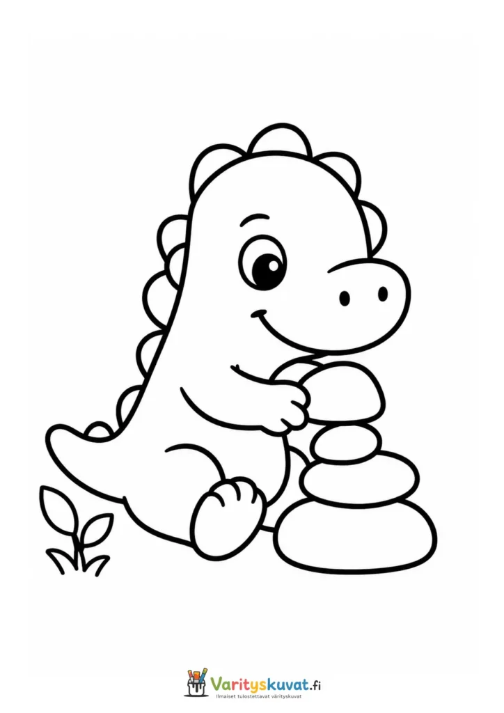 Söpö dinosaurus rakentamassa pinoa pyöreistä kivistä
