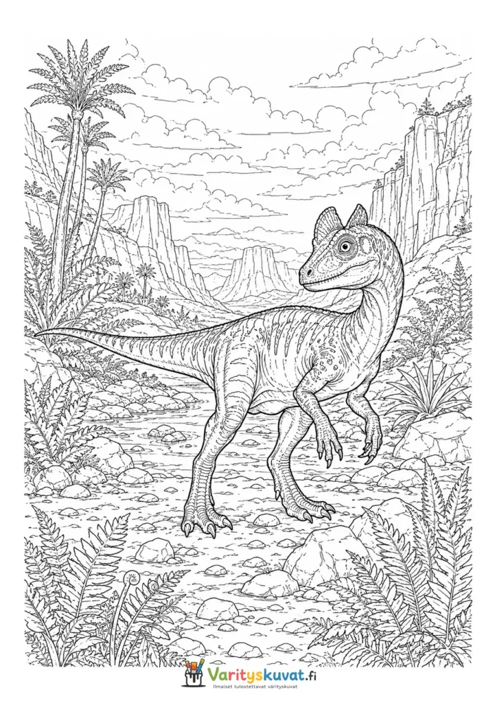 Harjapäinen dinosaurus juoksemassa kivikkoisessa esihistoriallisessa maisemassa