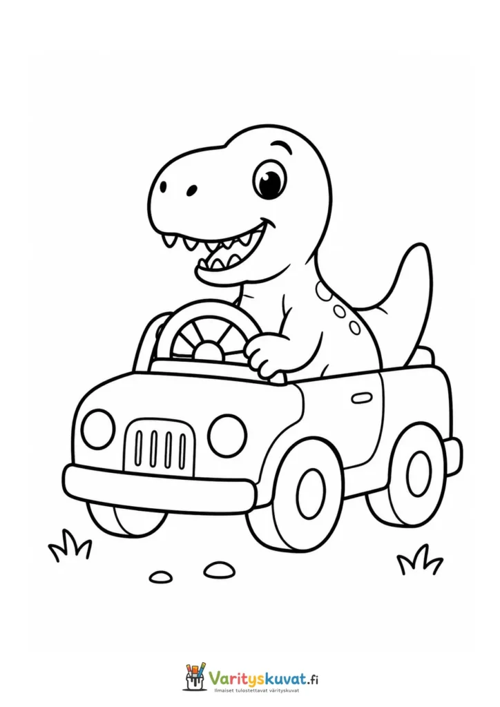 Söpö dinosaurus ajamassa pienellä autolla