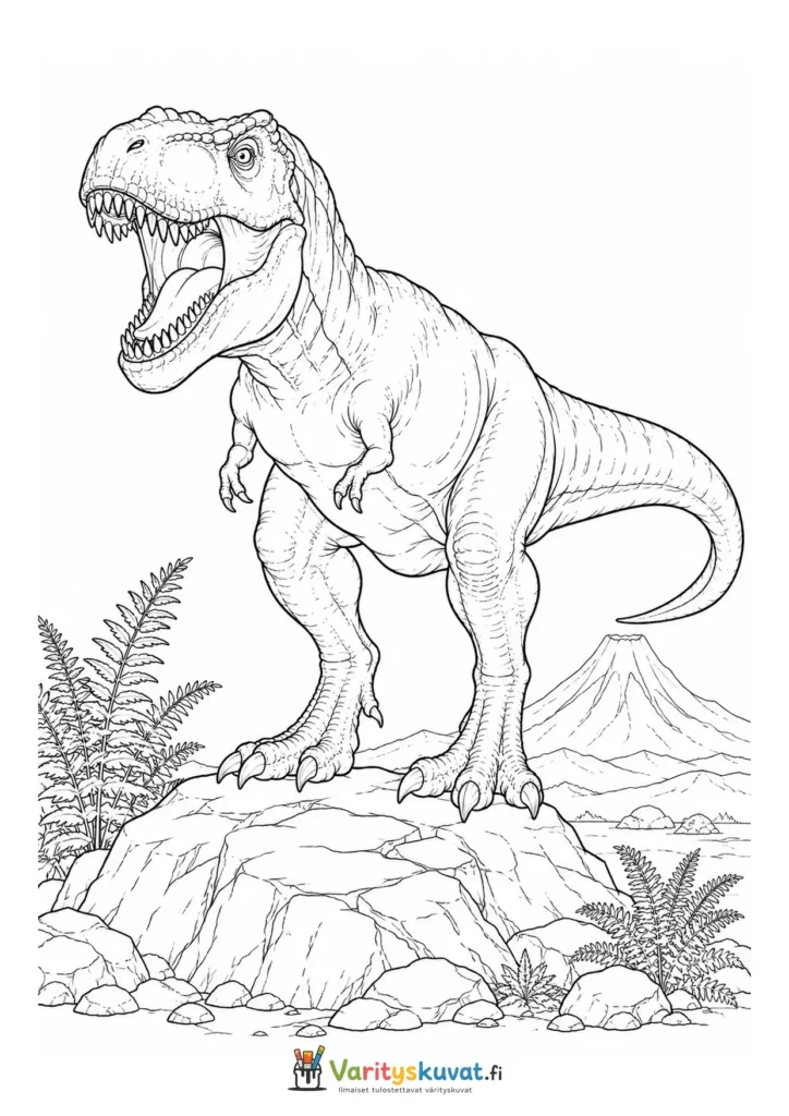 Karjuva T-rex seisomassa kallion päällä