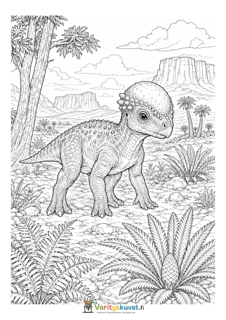 Pachycephalosaurus seisomassa palmujen ja vuorten keskellä