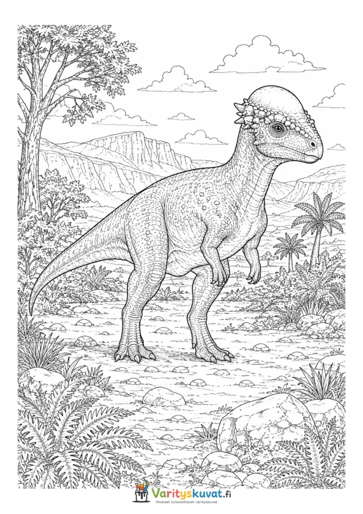 Paksukalloinen dinosaurus seisomassa esihistoriallisten kasvien keskellä