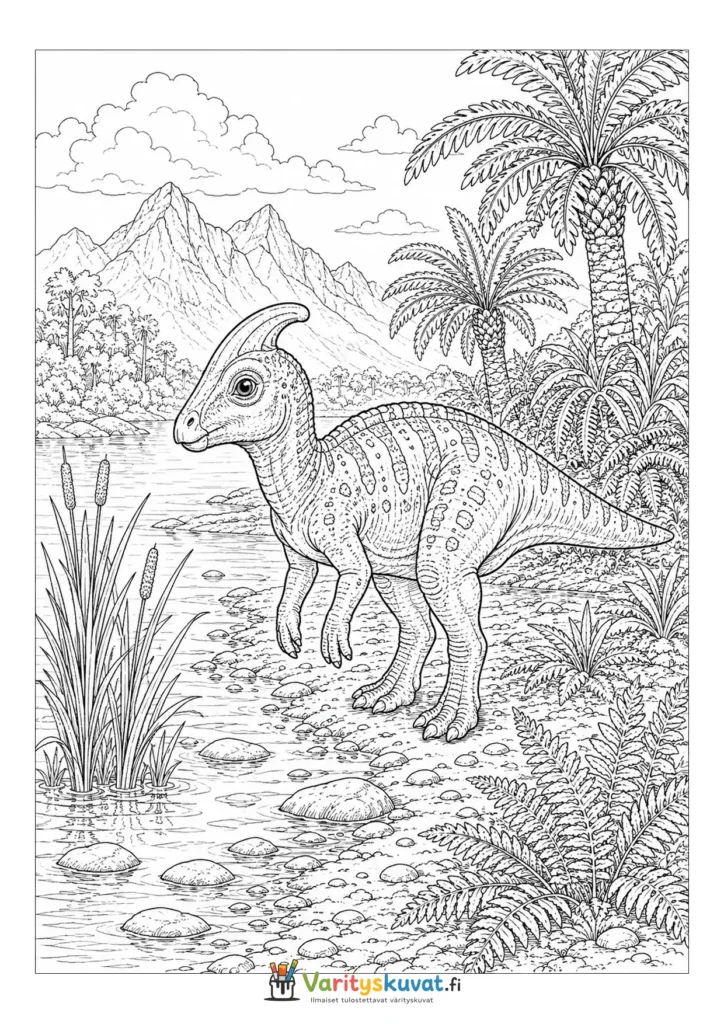 Parasaurolophus kävelemässä joen rannalla vuoristomaisemassa