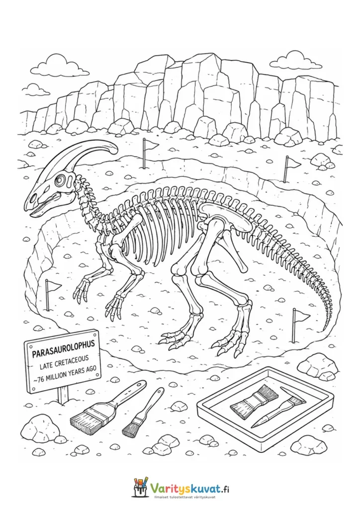 Parasaurolophuksen harjapäinen luuranko fossiilikaivauksella