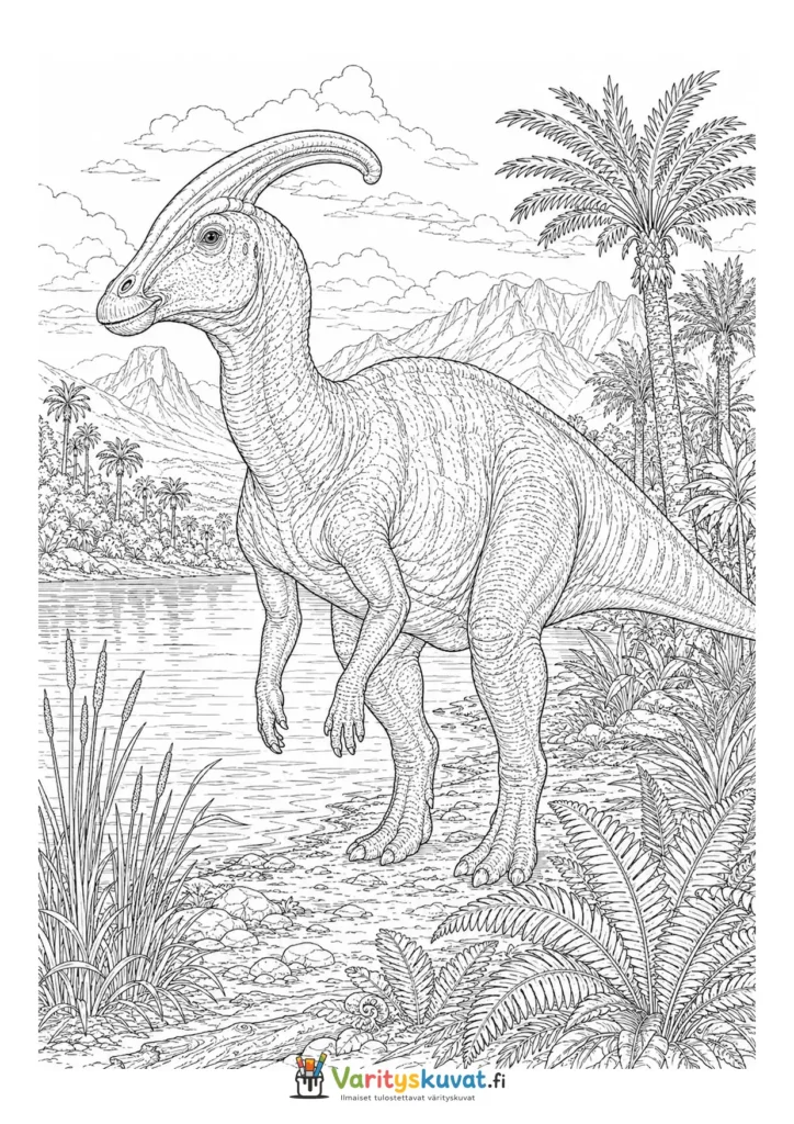 Parasaurolophus seisomassa palmujen ja veden lähellä