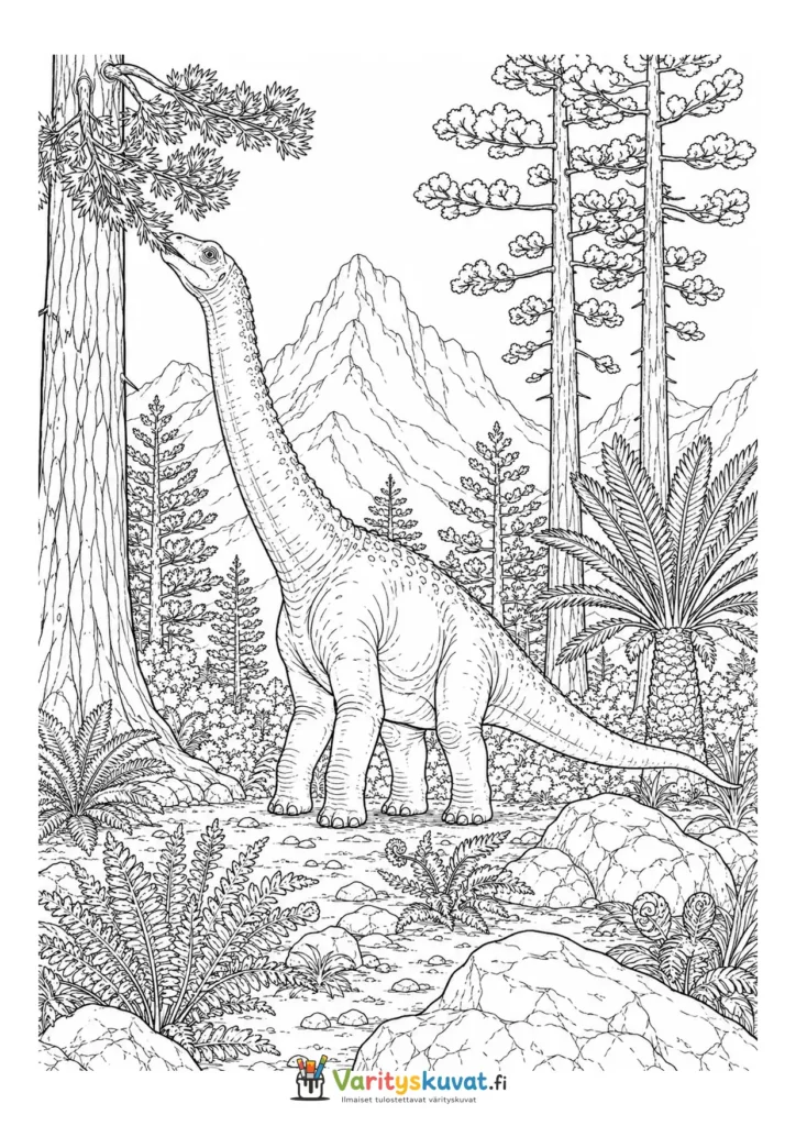Pitkäkaulainen dinosaurus syömässä lehtiä esihistoriallisessa metsässä
