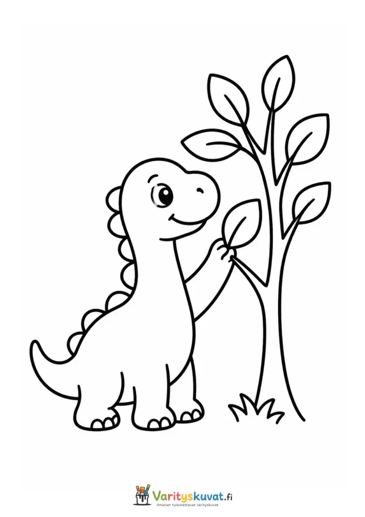 Söpö pitkäkaulainen dinosaurus kurkottaa puun lehtiä