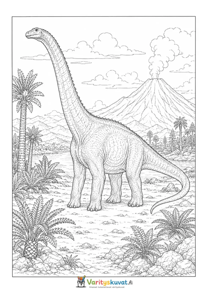 Pitkäkaulainen dinosaurus esihistoriallisessa maisemassa tulivuoren lähellä