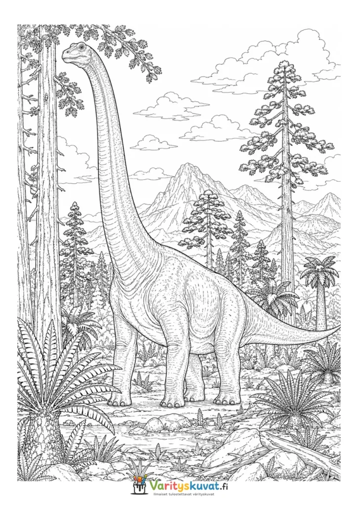 Pitkäkaulainen dinosaurus seisomassa korkeiden puiden ja vuorten keskellä