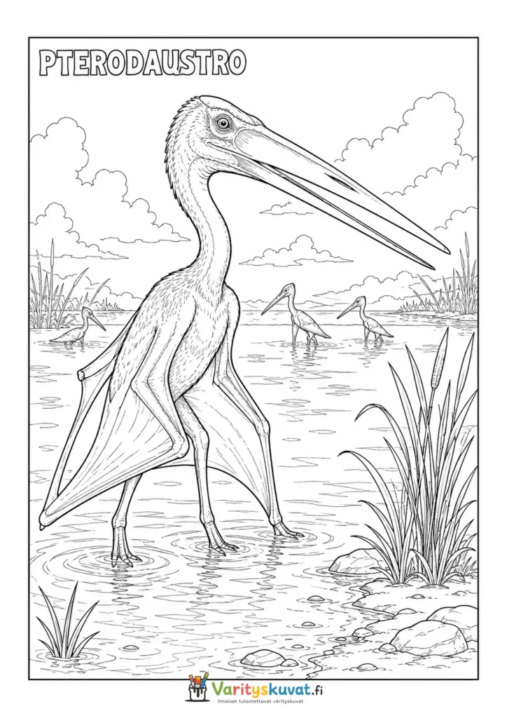 Pitkänokkainen pterodaustro seisomassa matalassa vedessä