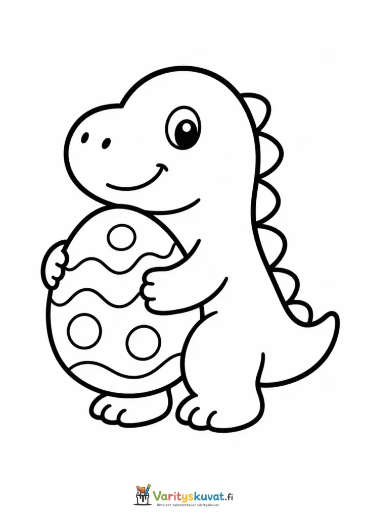 Söpö dinosaurus pitelemässä suurta täplikästä munaa
