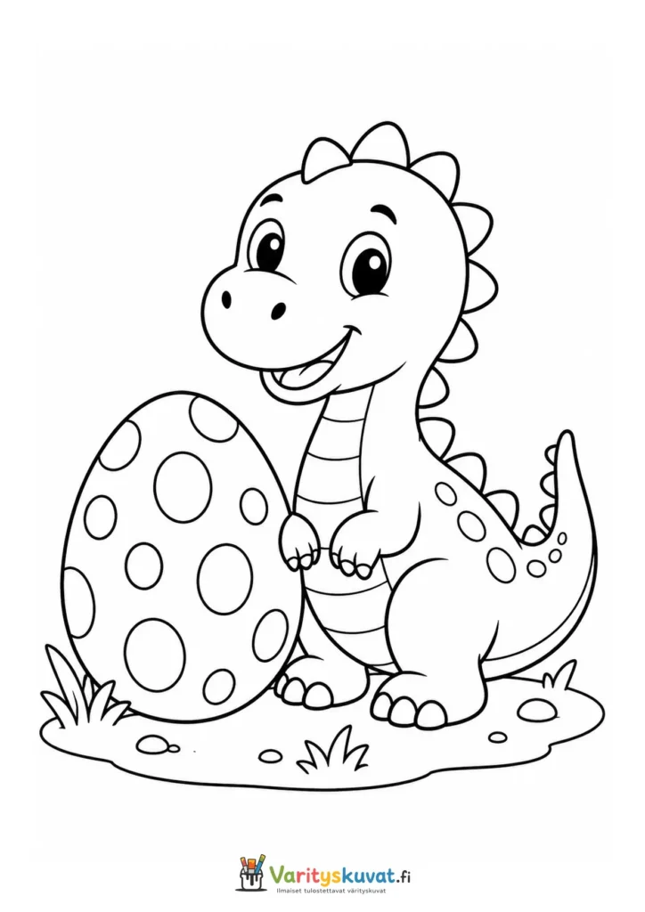 Söpö dinosaurus istumassa suuren täplikkään munan vieressä