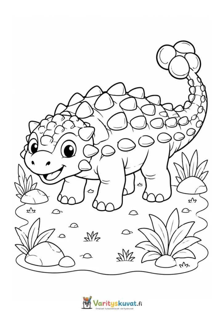 Söpö panssaroitu dinosaurus kukkien ja kasvien keskellä