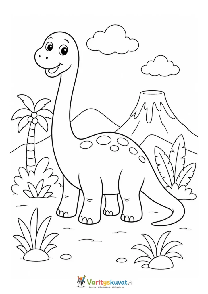 Söpö pitkäkaulainen dinosaurus palmun ja tulivuoren lähellä