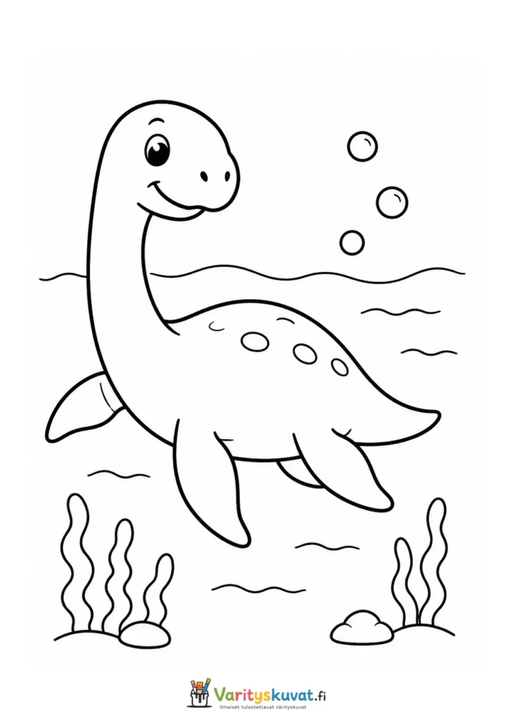 Söpö pitkäkaulainen plesiosaurus uimassa veden alla