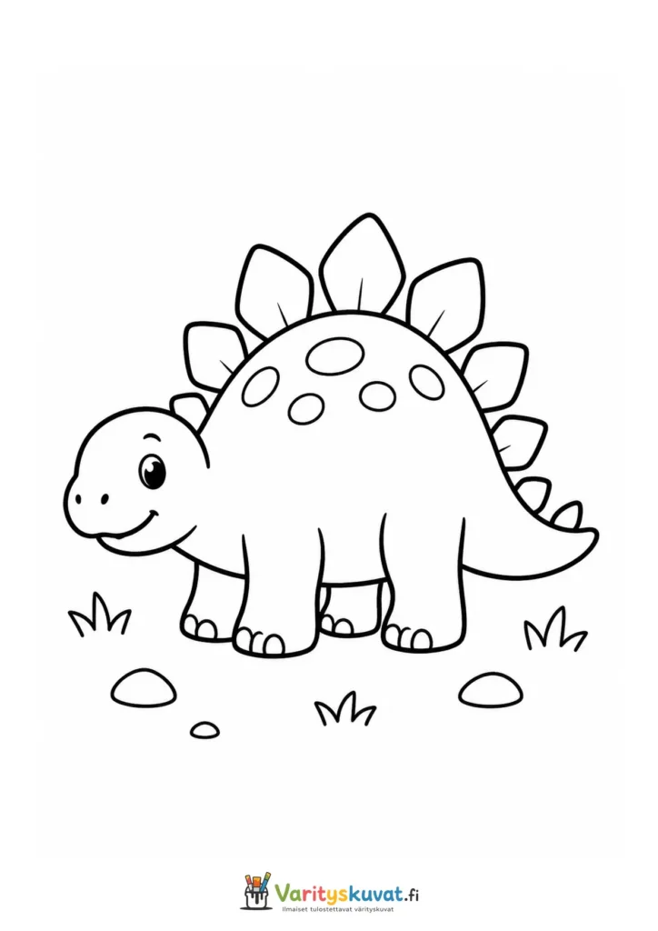 Söpö hymyilevä stegosaurus seisomassa ruohikolla