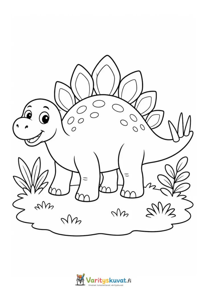Söpö stegosaurus seisomassa kasvien ympäröimällä ruohikolla