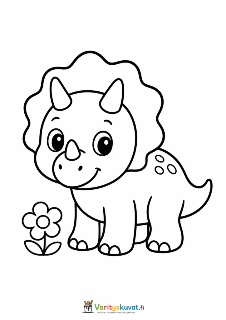 Söpö triceratops seisomassa pienen kukan vieressä