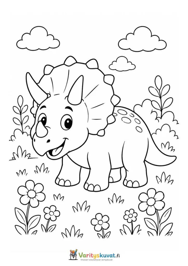 Söpö triceratops kävelemässä kukkien täyttämällä niityllä