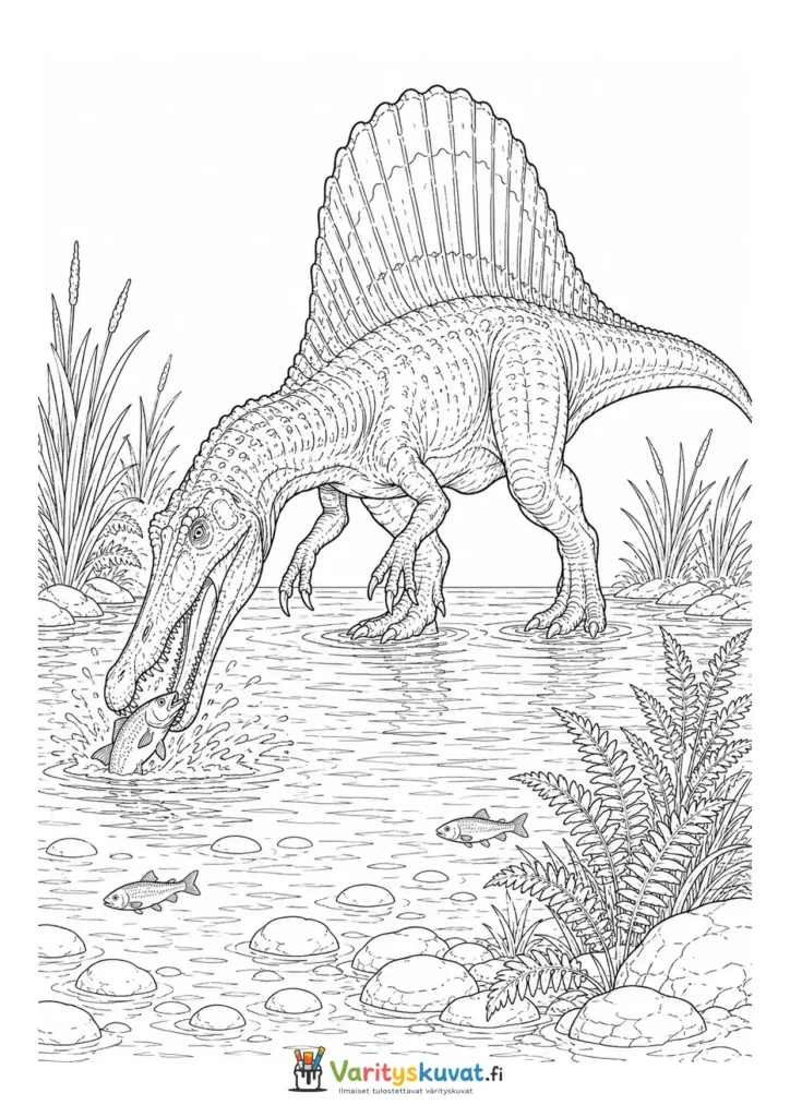 Spinosaurus kumartumassa juomaan vettä joesta