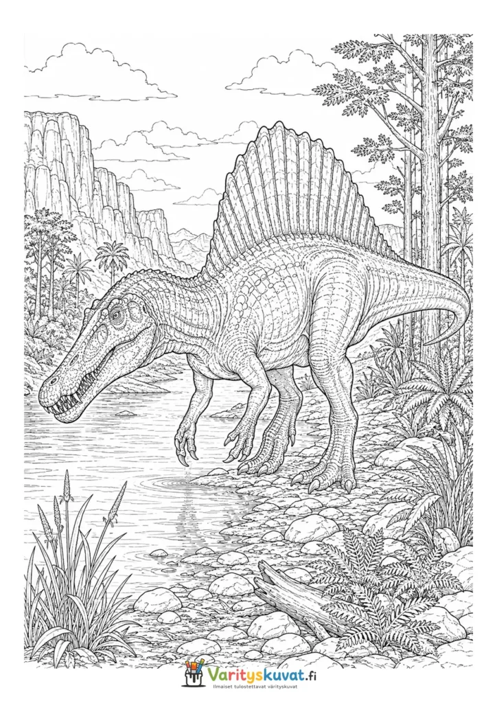 Spinosaurus seisomassa joen rannalla suuri selkäpurje näkyvissä
