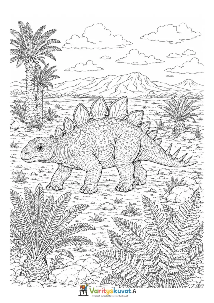 Stegosaurus kävelemässä palmujen ja saniaisten keskellä