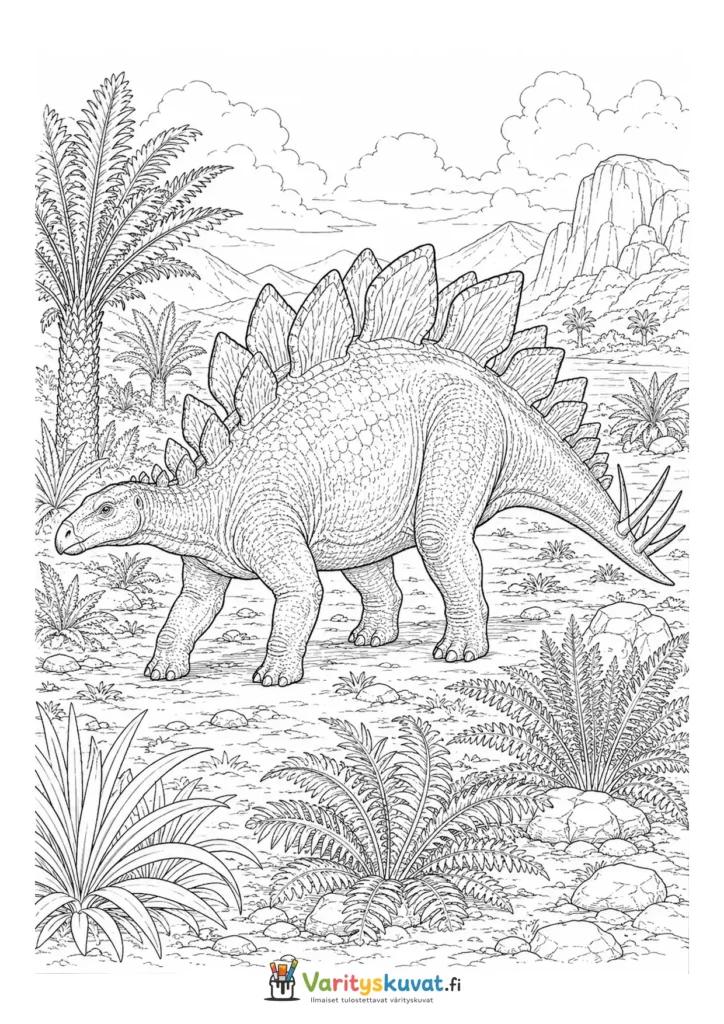 Stegosaurus kävelemässä suurten saniaisten keskellä