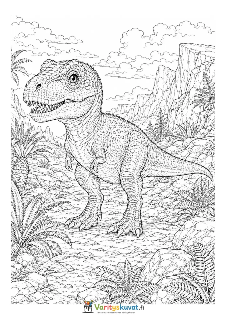 T-rex seisomassa kasvien keskellä esihistoriallisessa maisemassa