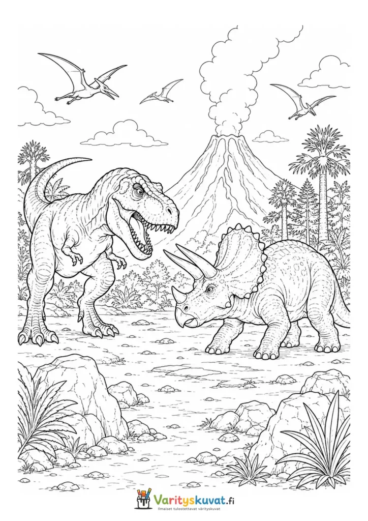 T-rex ja triceratops vastakkain tulivuorimaisemassa