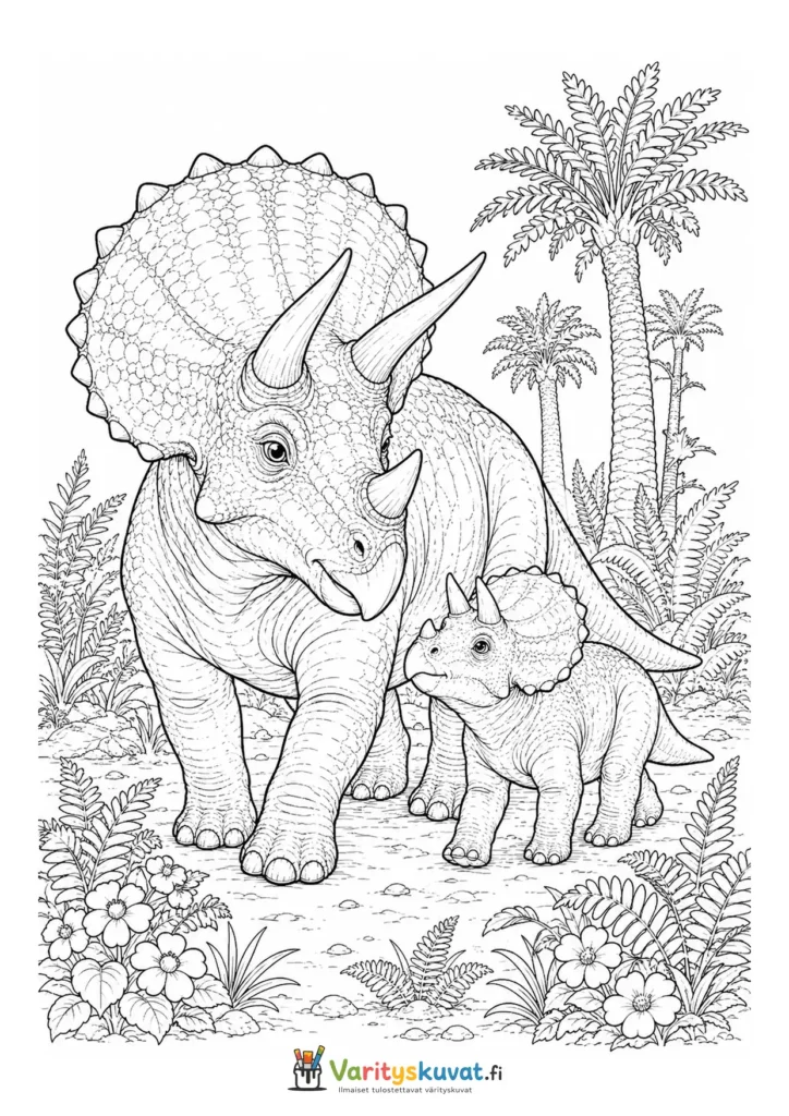 Triceratops-äiti seisomassa pienen poikasensa vieressä
