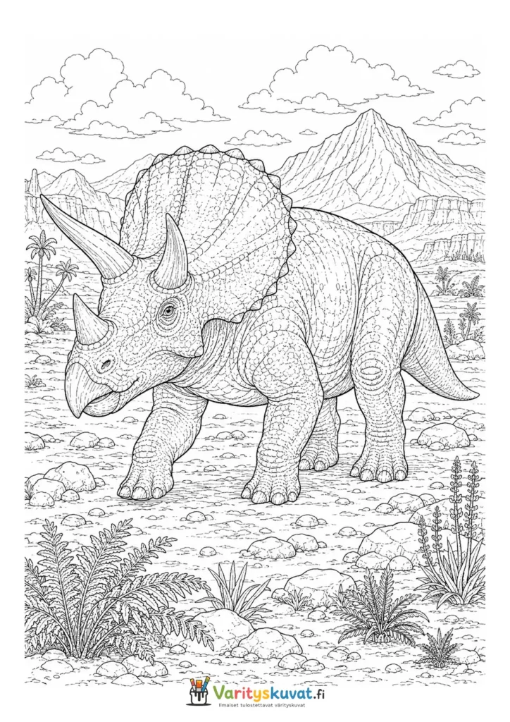 Triceratops kävelemässä avoimessa esihistoriallisessa maisemassa