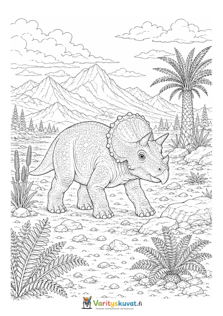 Triceratops kävelemässä esihistoriallisessa vuoristomaisemassa