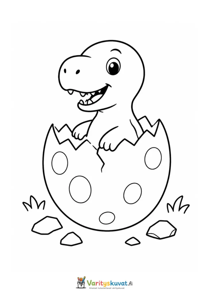 Söpö vauvadinosaurus kurkistamassa täplikkäästä munasta