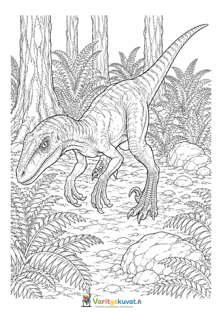 Velociraptor kulkemassa tiheässä esihistoriallisessa viidakossa