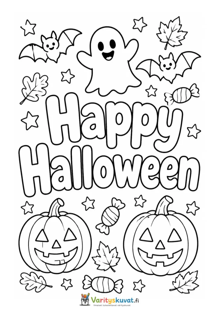 Happy Halloween -teksti kummitusten, lepakoiden, kurpitsojen ja karkkien ympäröimänä