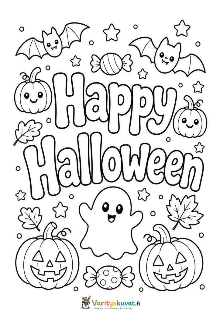 Happy Halloween -teksti kummitusten, kurpitsojen, lepakoiden, karkkien ja lehtien ympäröimänä