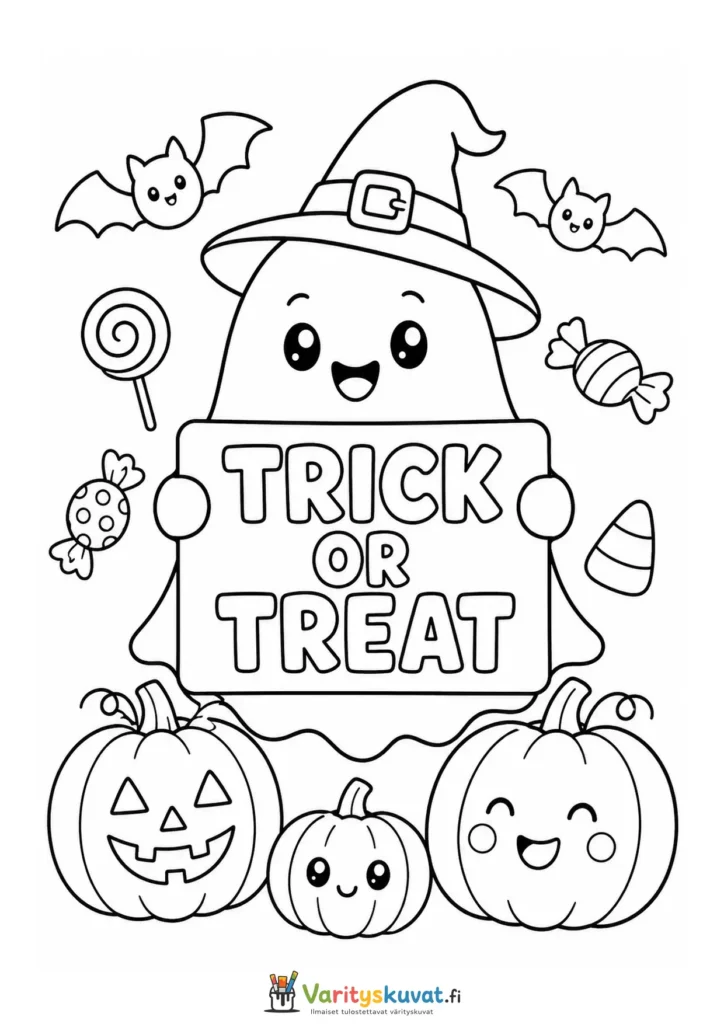 Söpö kummitus pitelee Trick or Treat -kylttiä karkkien, kurpitsojen ja lepakoiden keskellä