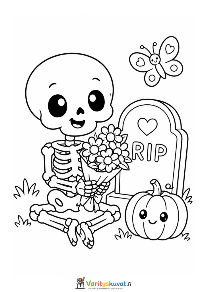 Iloinen luuranko pitelee kukkakimppua RIP-hautakiven ja kurpitsan vieressä